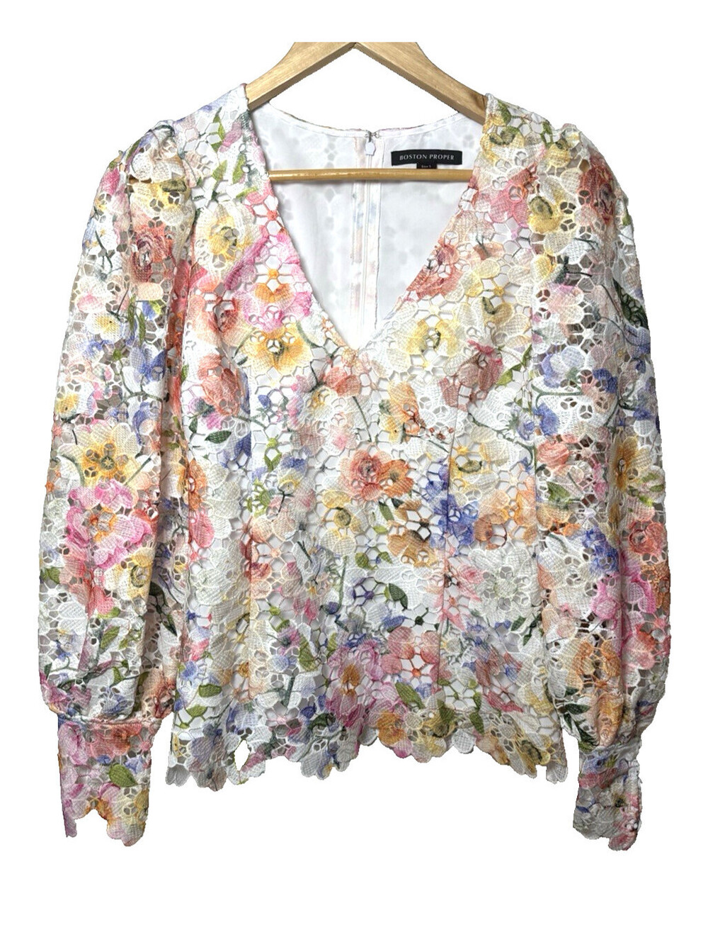 Boston Proper Womens Floral Puff Sleeve Eyelet blouse Small Forest Fairy
